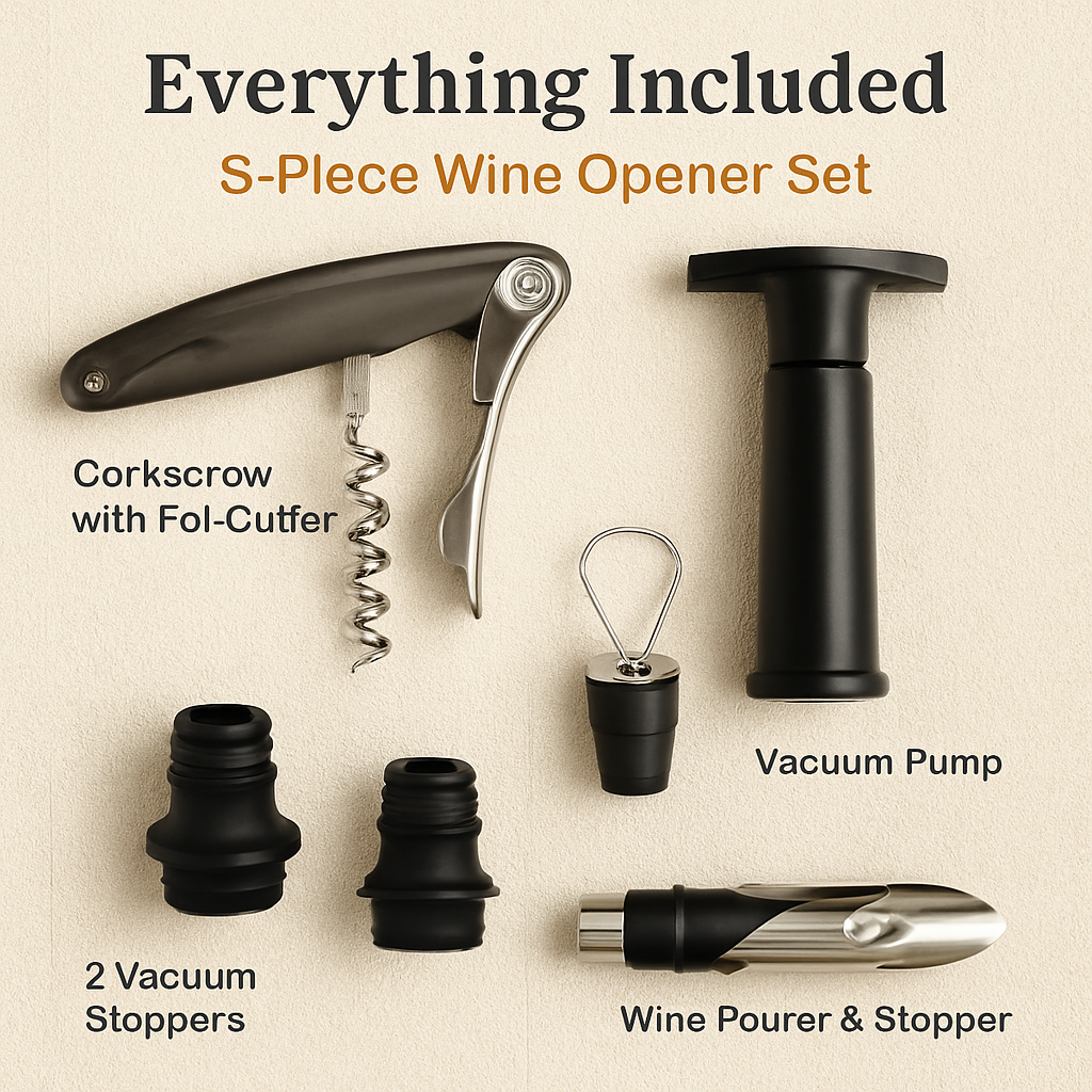 5 Pcs Wine Bottle Opener Set Wine Accessories Kit w/ Corkscrew Pourer Stopper Vacuum Pump for Home Use Sommeliers Waiters Bartenders