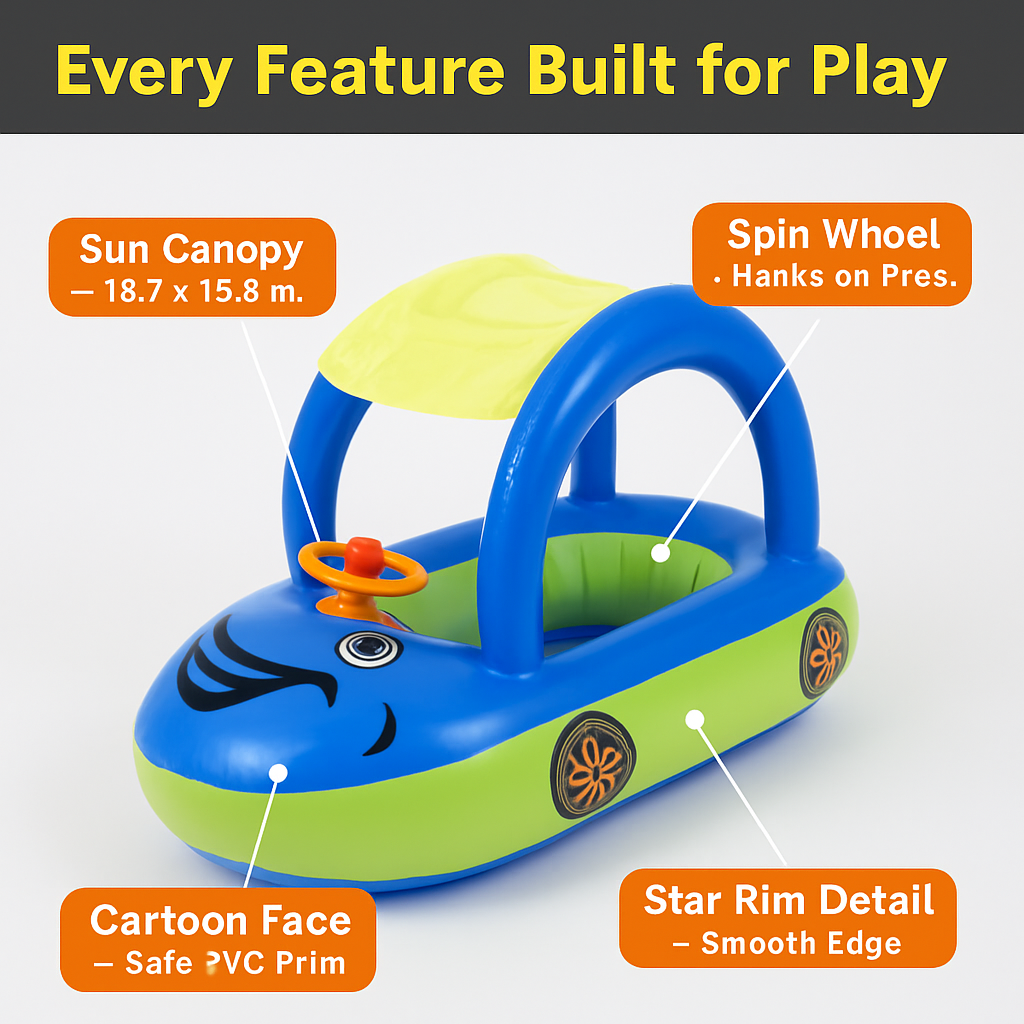 Car Shaped Baby Pool Float with Sun Canopy - 1-3 Year Old