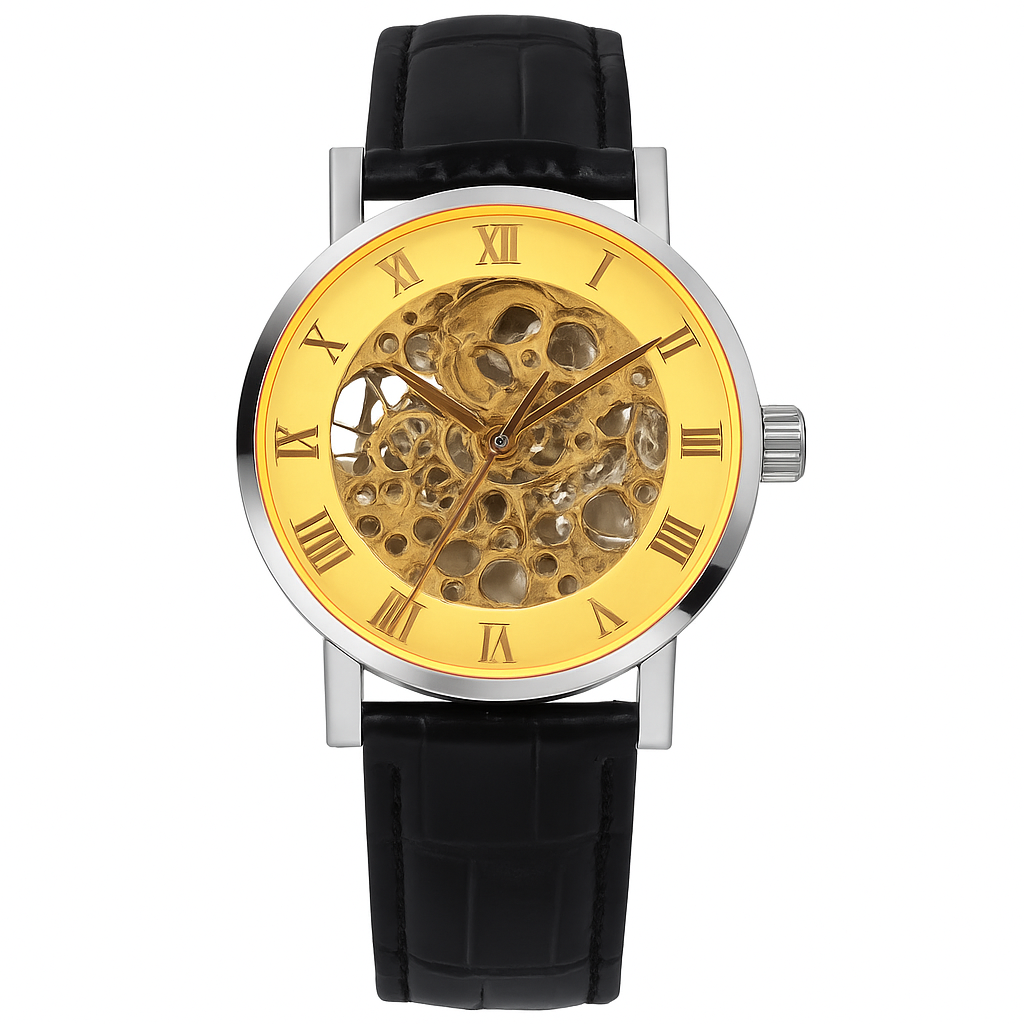Gold Dial Skeleton Mechanical Watch – Hand-winding Leather