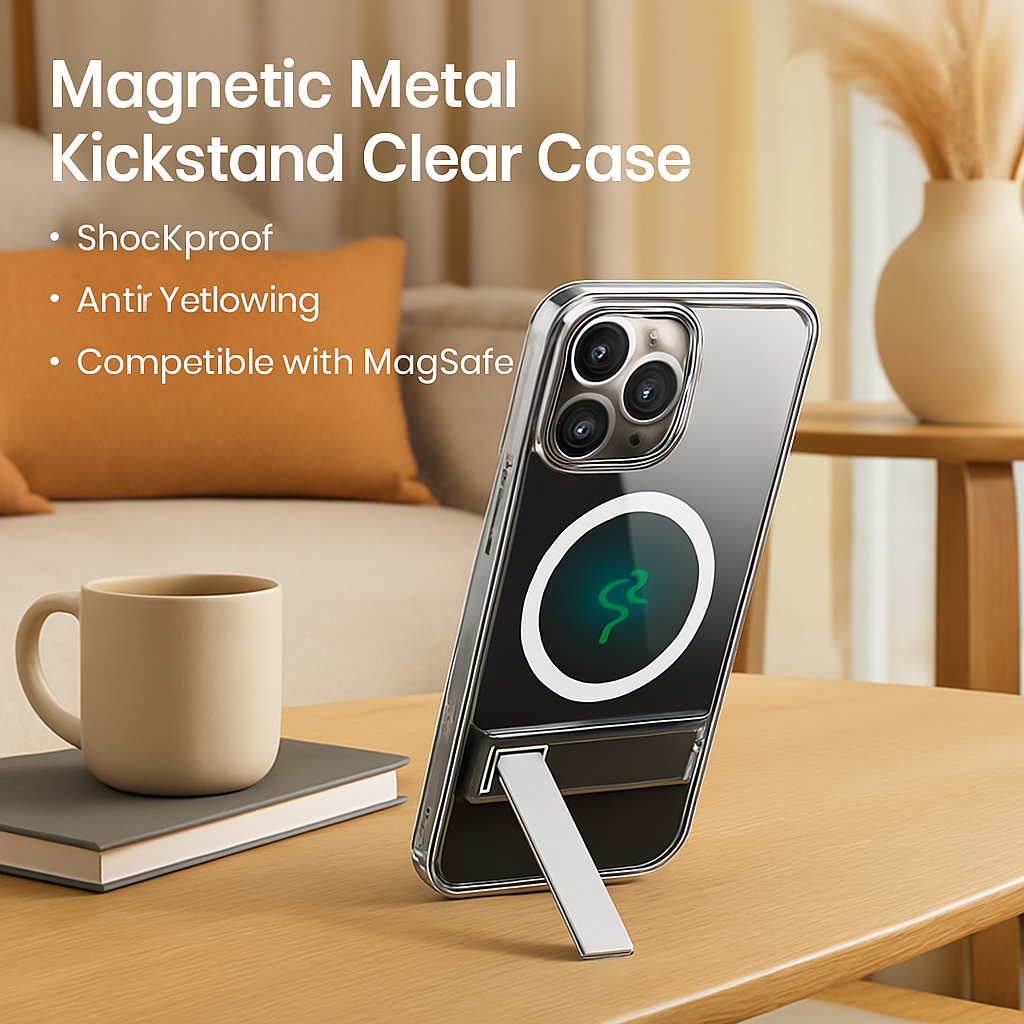 Metal Kickstand Clear Case for iPhone – MagSafe Ready
