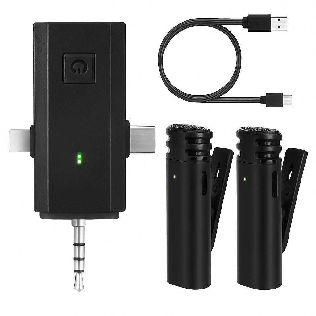 Wireless Clip-On Microphone with 3-in-1 Receiver – 2 Pack