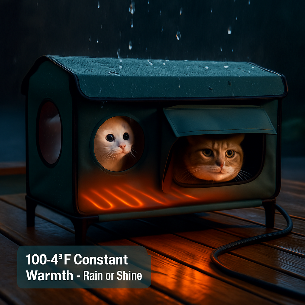 Waterproof Heated Cat House Outdoor Weatherproof Insulated Kitty Shelter Feral Cat Heating Bed with Heating Pad Anti-Chew Cord 2 Doors 3 Windows for I