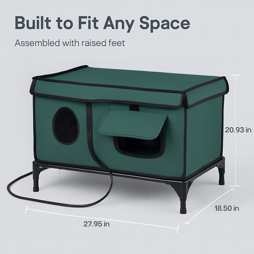 Waterproof Heated Cat House Outdoor Weatherproof Insulated Kitty Shelter Feral Cat Heating Bed with Heating Pad Anti-Chew Cord 2 Doors 3 Windows for I