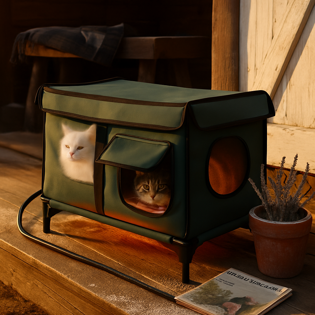 Waterproof Heated Cat House Outdoor Weatherproof Insulated Kitty Shelter Feral Cat Heating Bed with Heating Pad Anti-Chew Cord 2 Doors 3 Windows for I