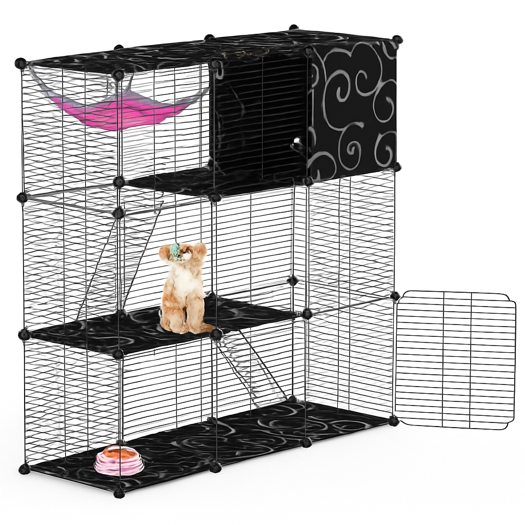 3-Tier Cat Cage Enclosure with Hammock & Toy Ball