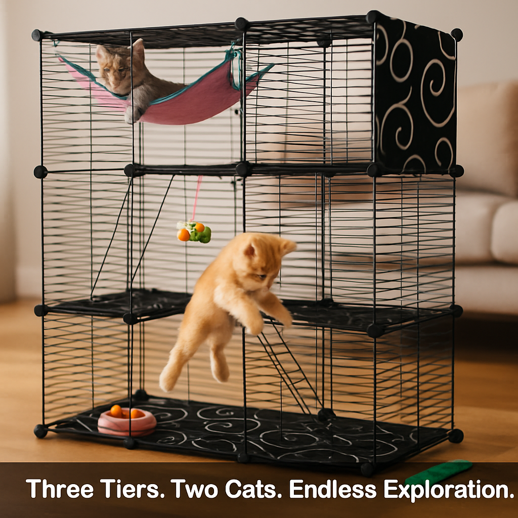 3-Tier Cat Cage Enclosure with Hammock & Toy Ball