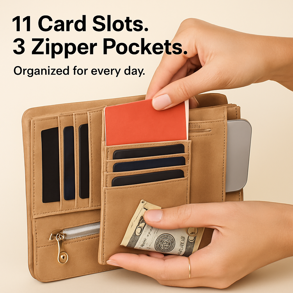 Leather Clutch Wallet with Card Slots and Phone Pocket