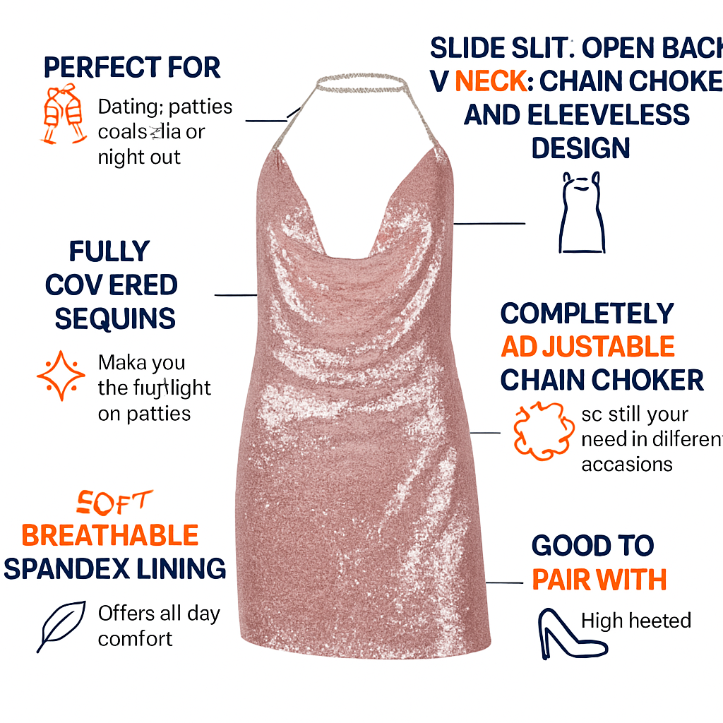 Sexy Women Chain Choker Side Slit Backless Slip Dress With Sequins