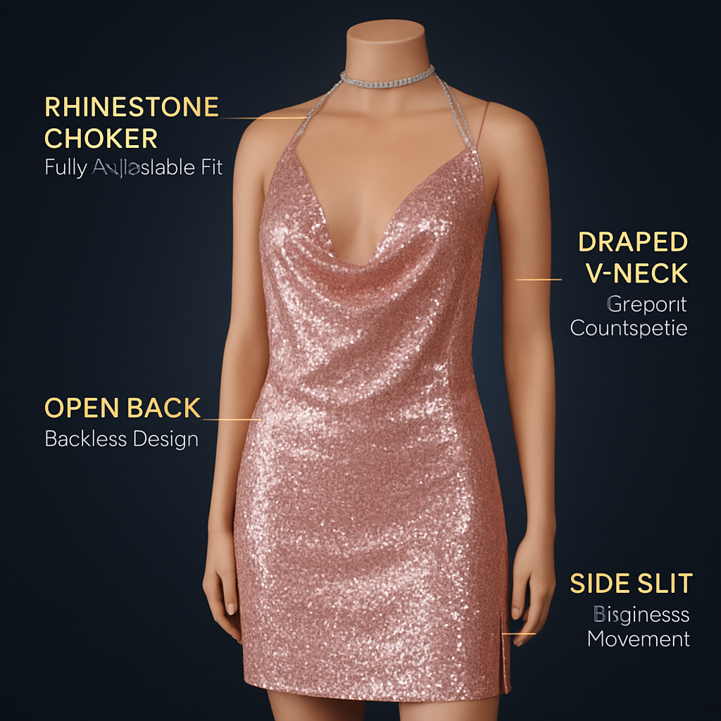Sexy Women Chain Choker Side Slit Backless Slip Dress With Sequins
