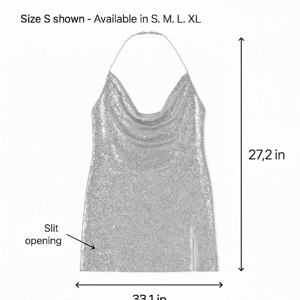 Sexy Women Chain Choker Side Slit Backless Slip Dress With Sequins