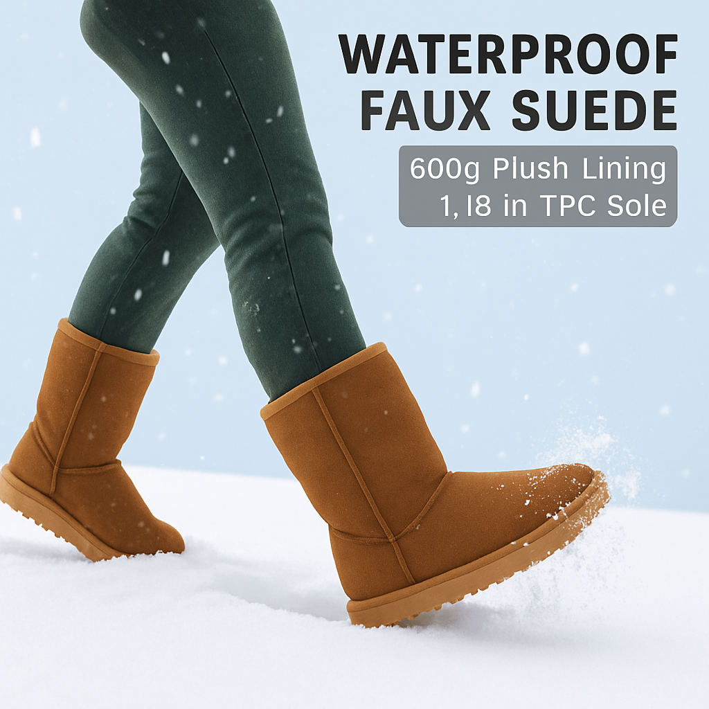 Snow Boots - Waterproof Faux Suede Mid-Calf with Warm Lining