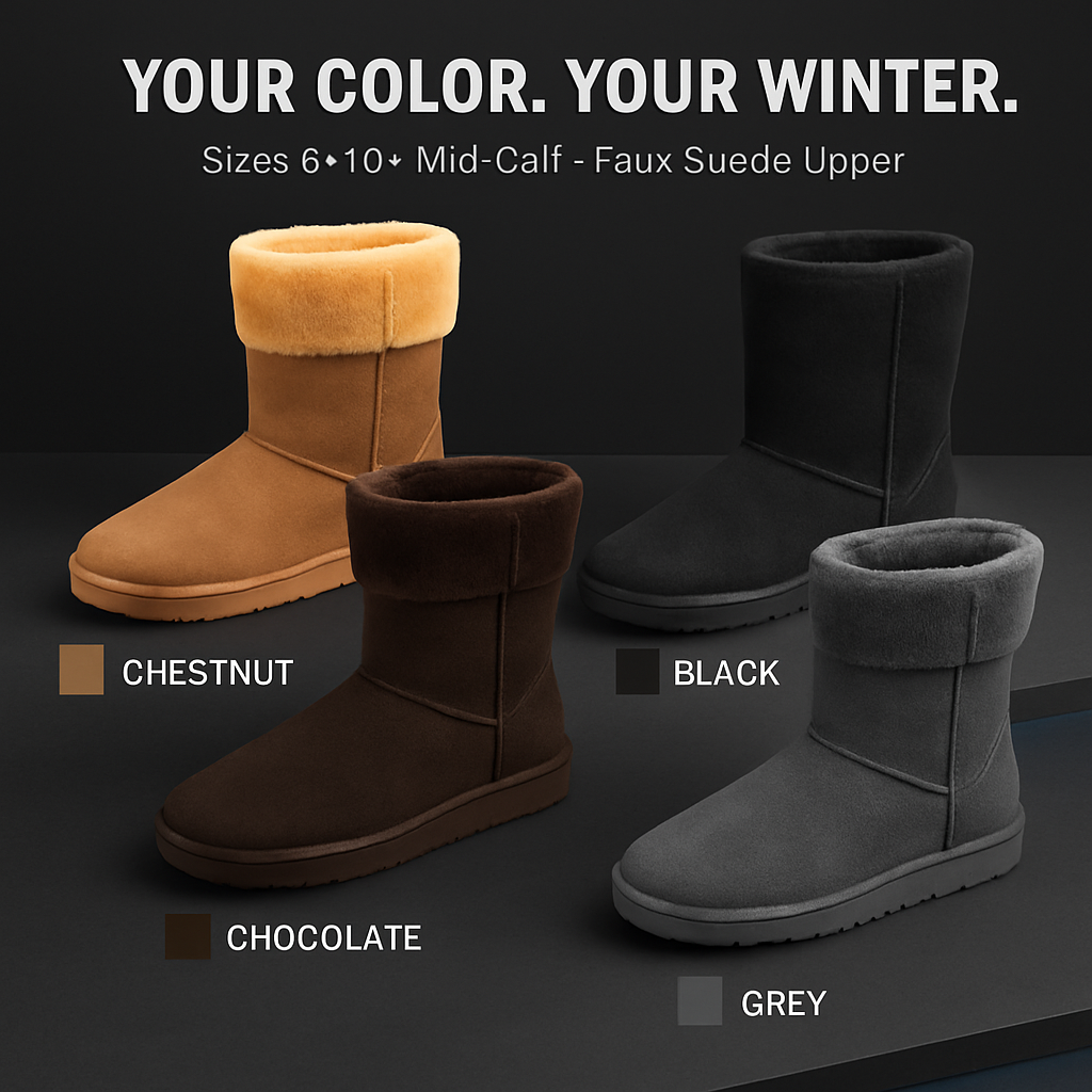 Snow Boots - Waterproof Faux Suede Mid-Calf with Warm Lining
