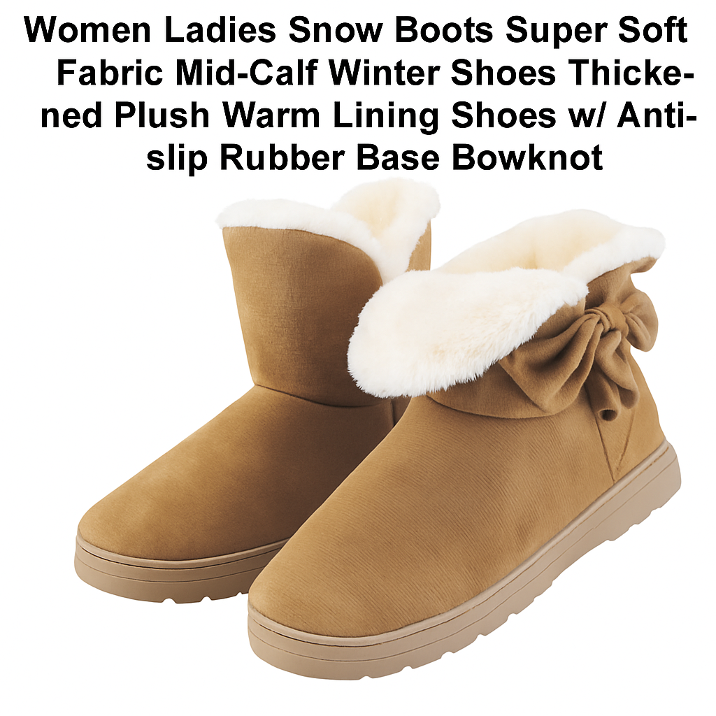 Women Ladies Snow Boots Super Soft Fabric Mid-Calf Winter Shoes Thickened Plush Warm Lining Shoes w/ Anti-slip Rubber Base Bowknot