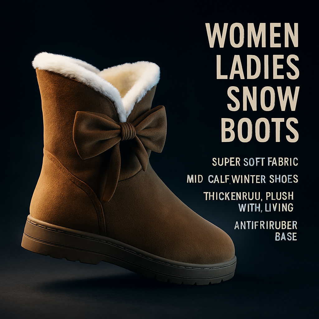 Women Ladies Snow Boots Super Soft Fabric Mid-Calf Winter Shoes Thickened Plush Warm Lining Shoes w/ Anti-slip Rubber Base Bowknot