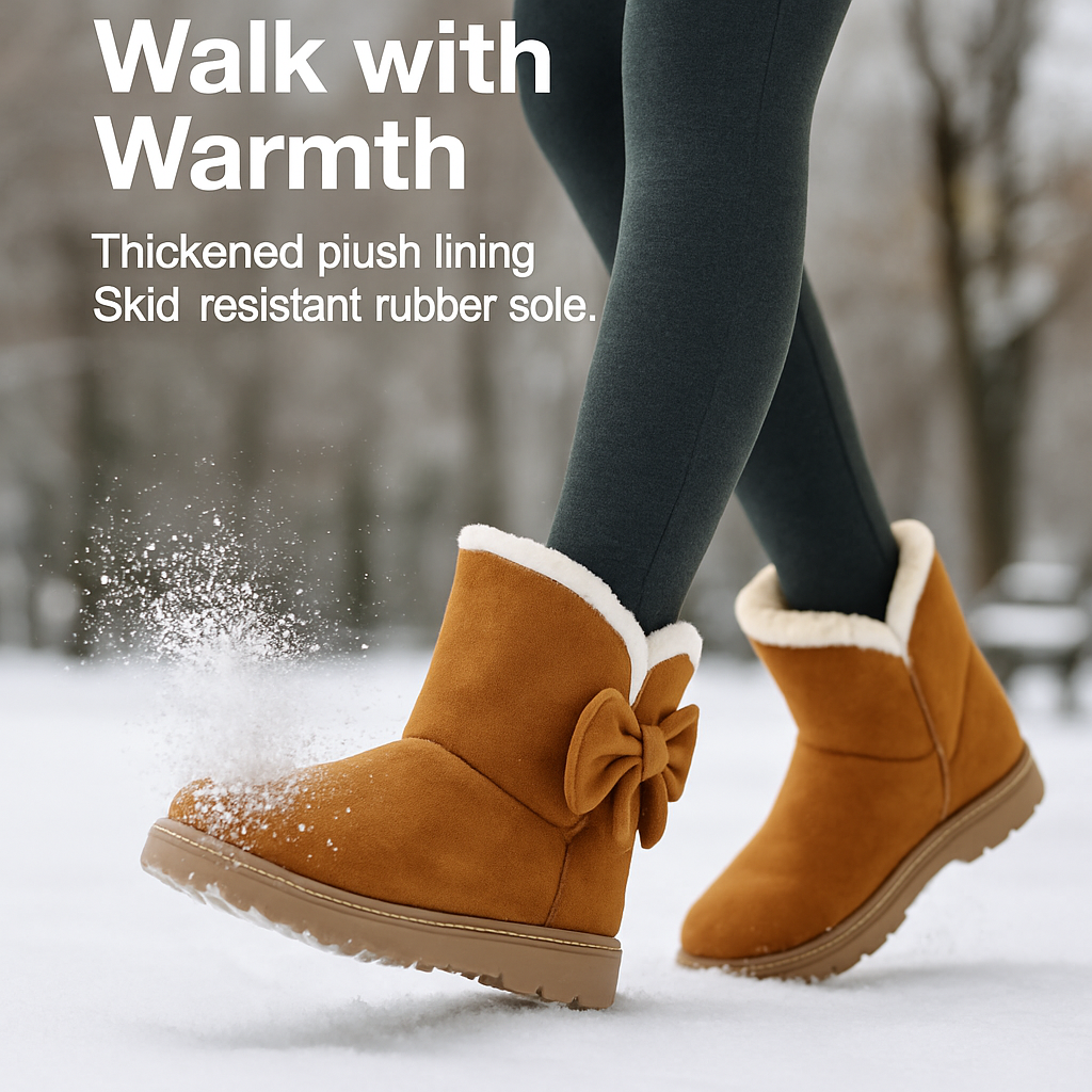 Women Ladies Snow Boots Super Soft Fabric Mid-Calf Winter Shoes Thickened Plush Warm Lining Shoes w/ Anti-slip Rubber Base Bowknot