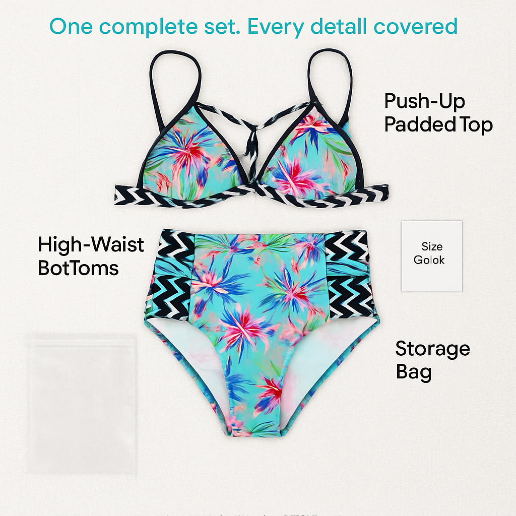 Floral Padded Push-Up Bikini Set with High-Waist