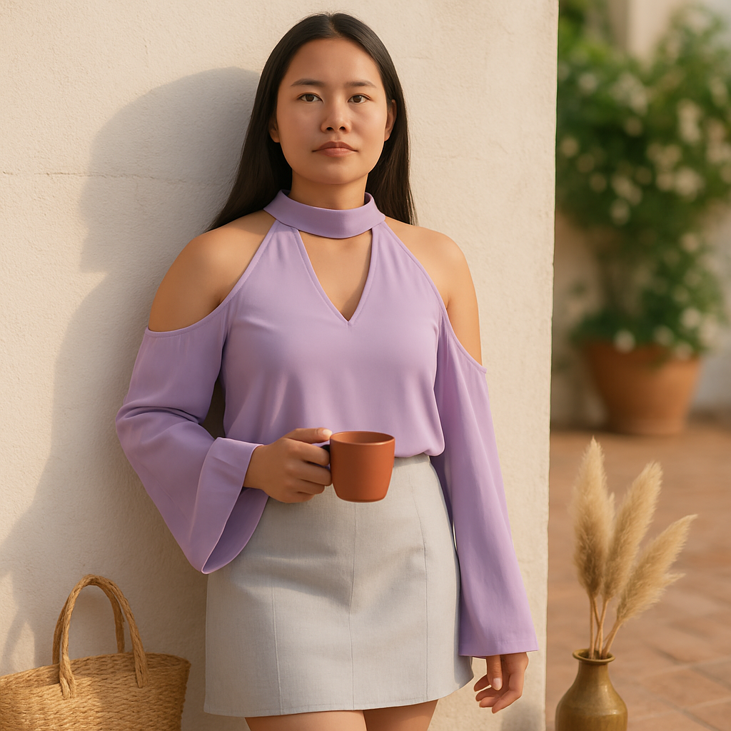 Off-the-Shoulder Blouse with V-Neck and Long Sleeves