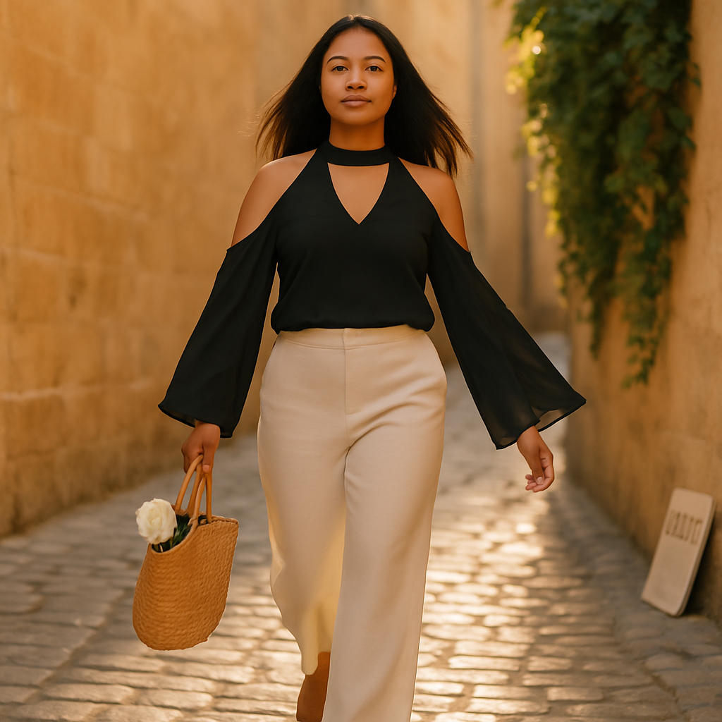 Off-the-Shoulder Blouse with V-Neck and Long Sleeves