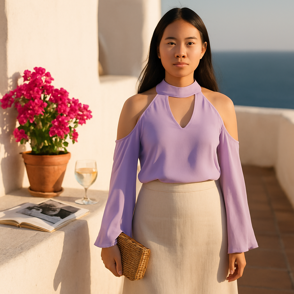 Off-the-Shoulder Blouse with V-Neck and Long Sleeves