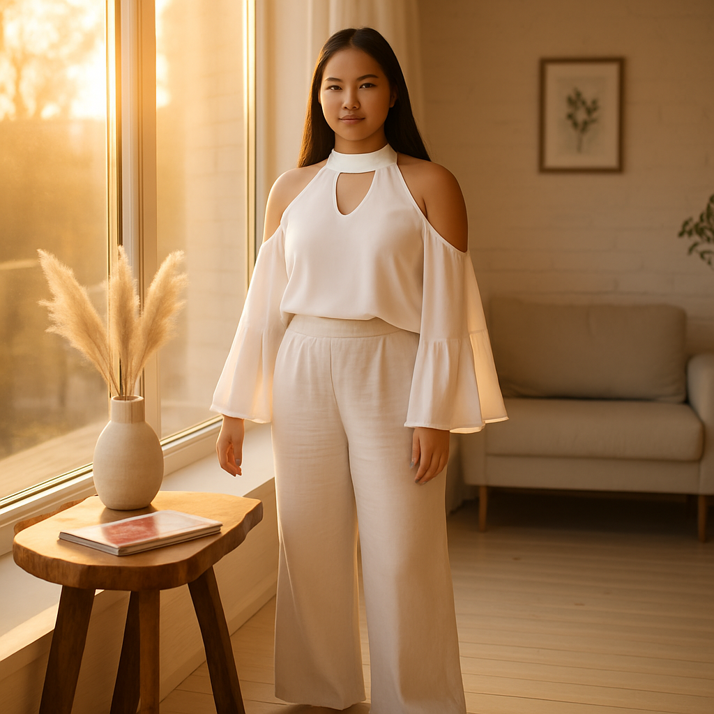 Off-the-Shoulder Blouse with V-Neck and Long Sleeves