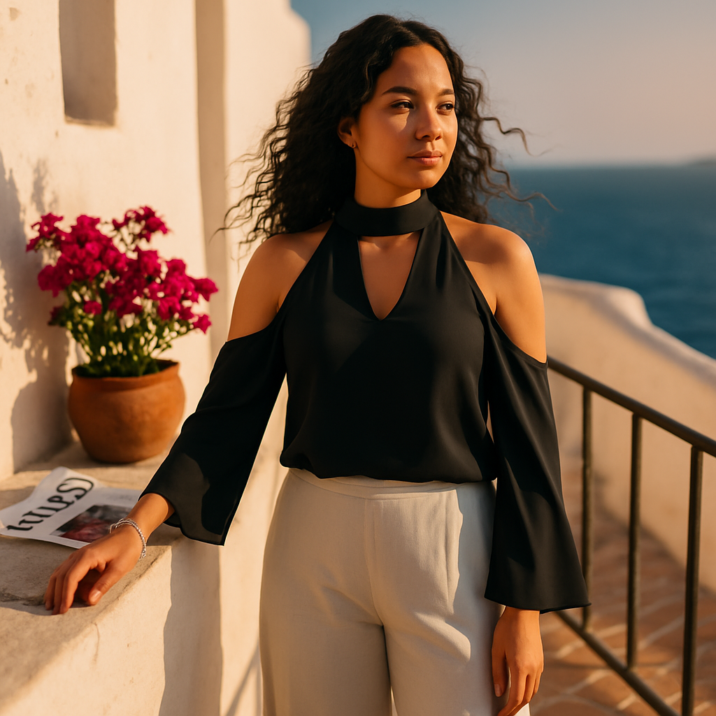 Off-the-Shoulder Blouse with V-Neck and Long Sleeves