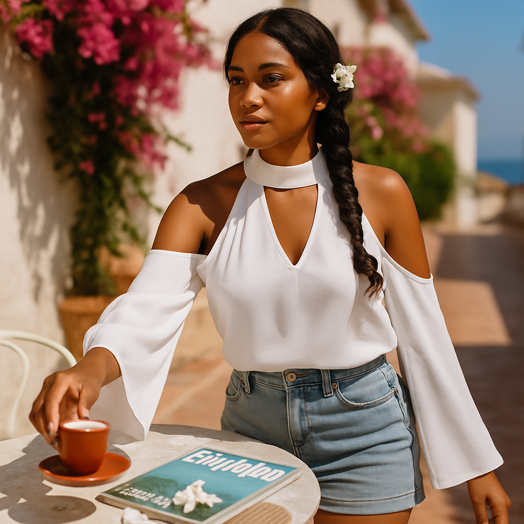 Off-the-Shoulder Blouse with V-Neck and Long Sleeves