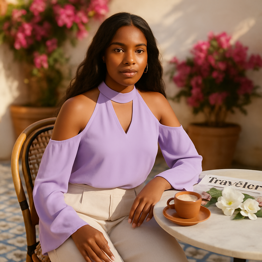 Off-the-Shoulder Blouse with V-Neck and Long Sleeves