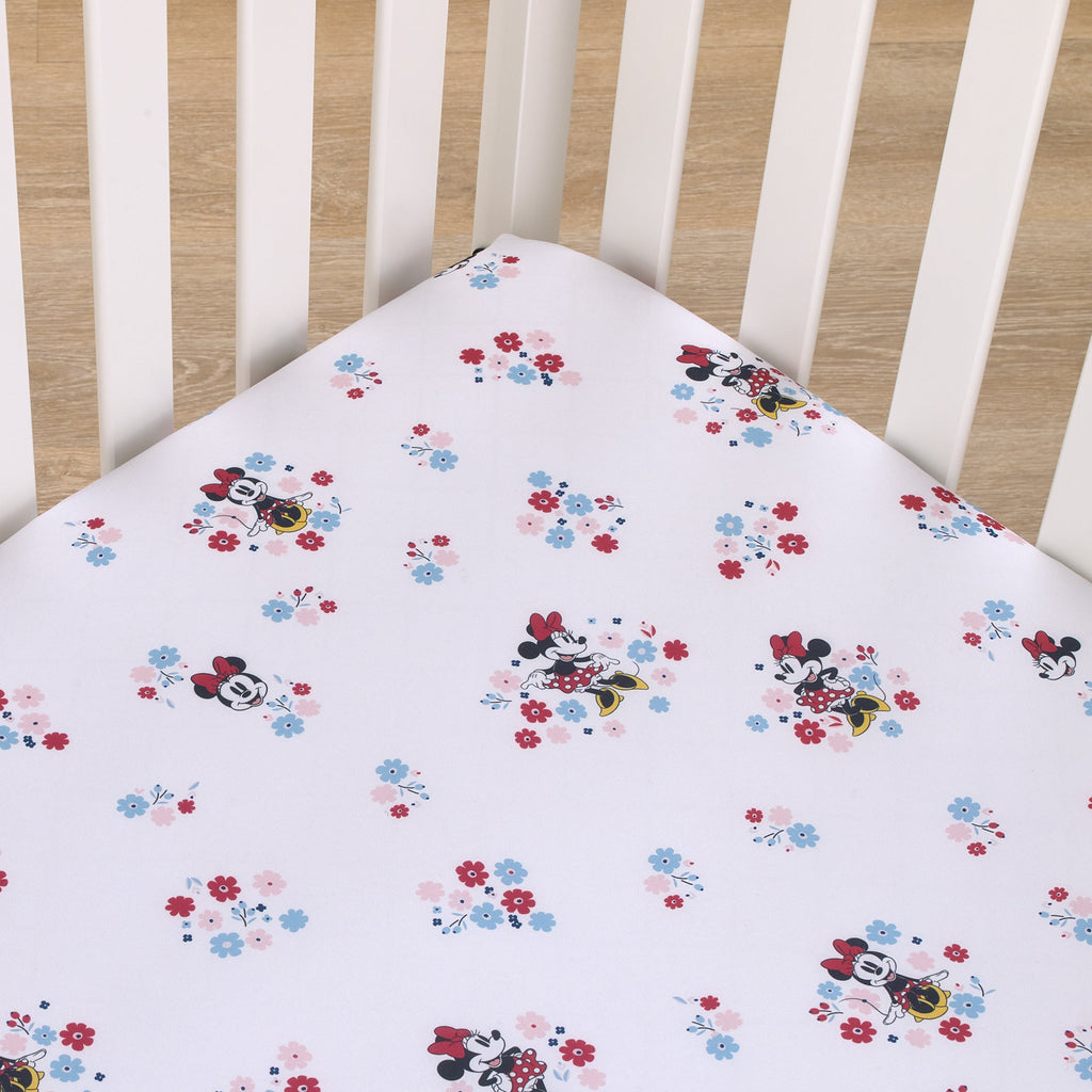 Disney Minnie Mouse - Pink, Blue and White Small Town Floral Nursery Fitted Mini Crib Sheet