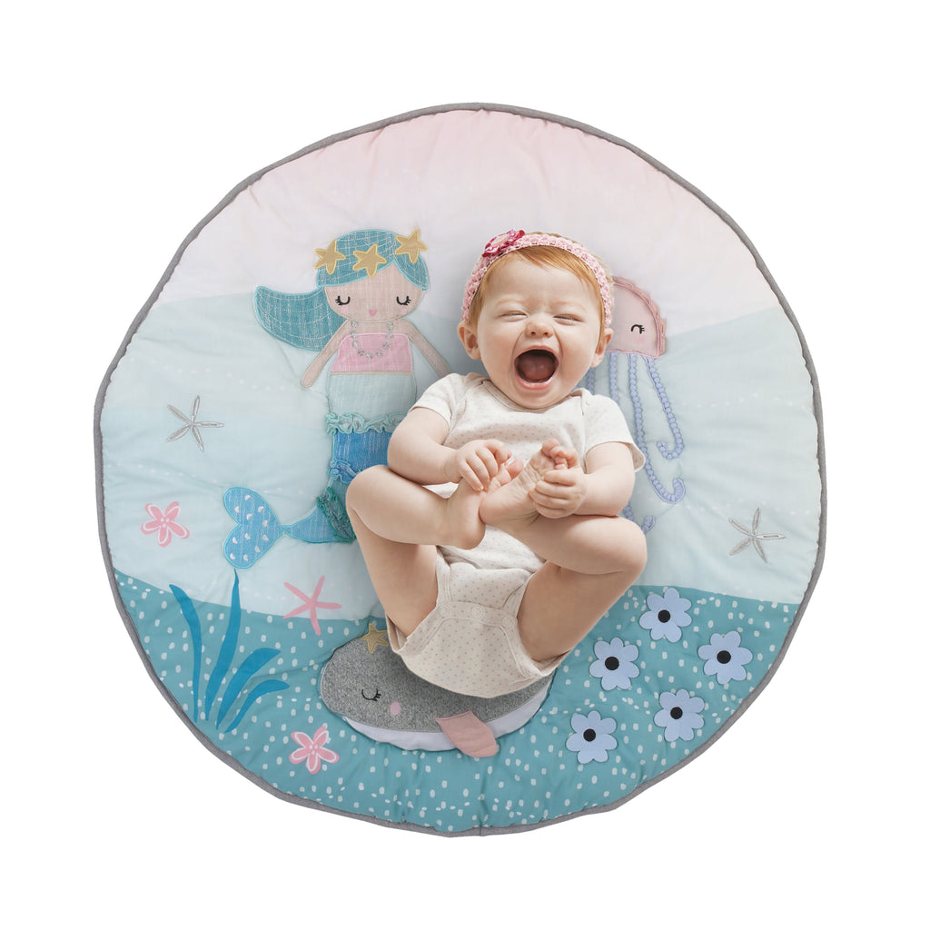 Sugar Reef Mermaid 4 Piece Nursery Crib Bedding Set - Appliqued Round Play Quilt, 100% Cotton Fitted Crib Sheet, Shirred Crib Skirt with 16" Drop, Nursery Organizer