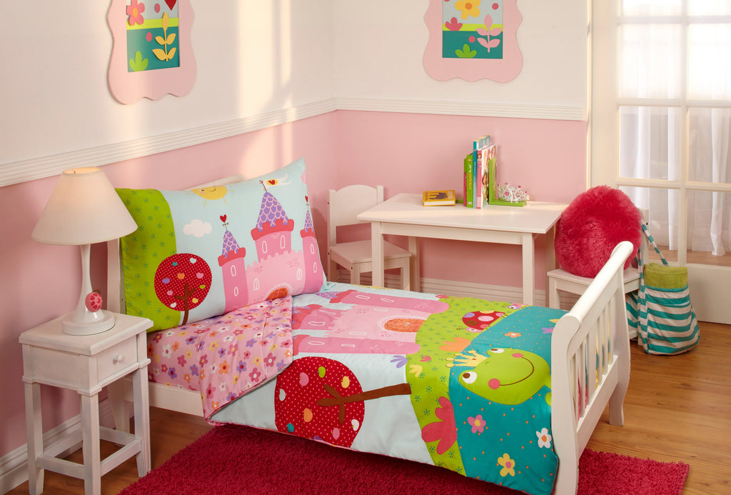 Everything Kids Fairytale Pink, Green and Teal, Castle, Frog, Flowers 4 Piece Toddler Bed Set - Comforter, Fitted Bottom Sheet, Flat Top Sheet, Reversible Pillowcase