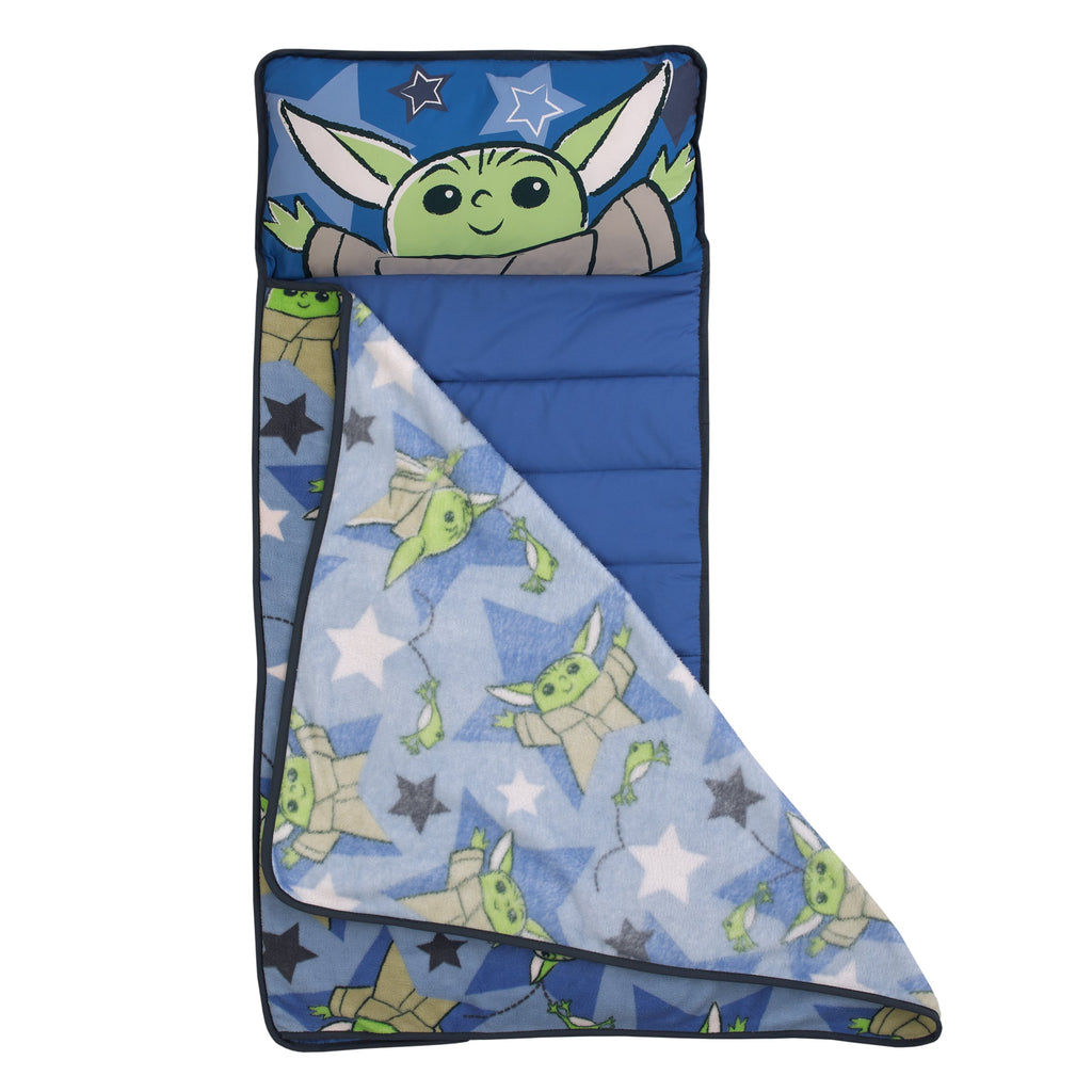 The Child Cutest in the Galaxy Blue, Green and Gray Grogu, Hover Pod, and Stars Toddler Nap Mat