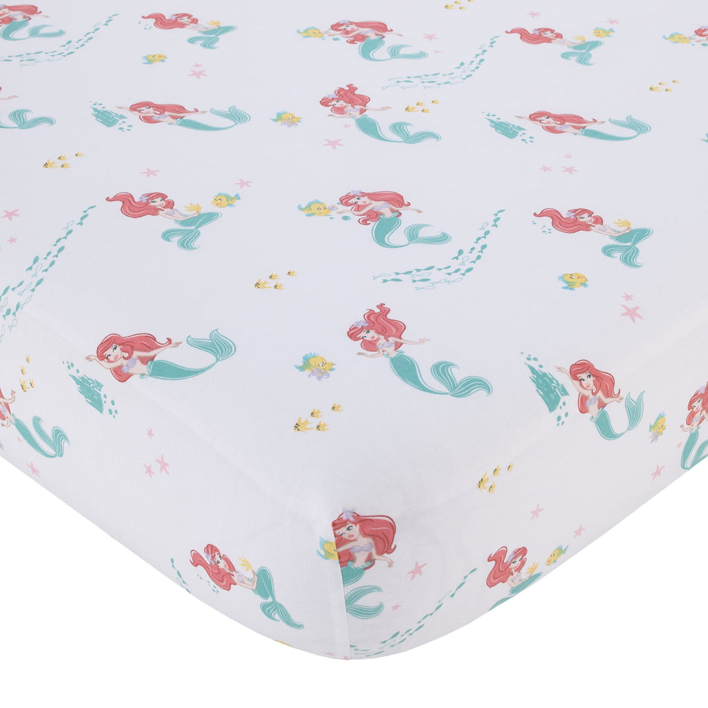 Disney Ariel Watercolor Wishes Aqua, Pink and White 3 Piece Nursery Crib Bedding Set - Comforter, 100% Cotton Fitted Crib Sheet and Crib Skirt