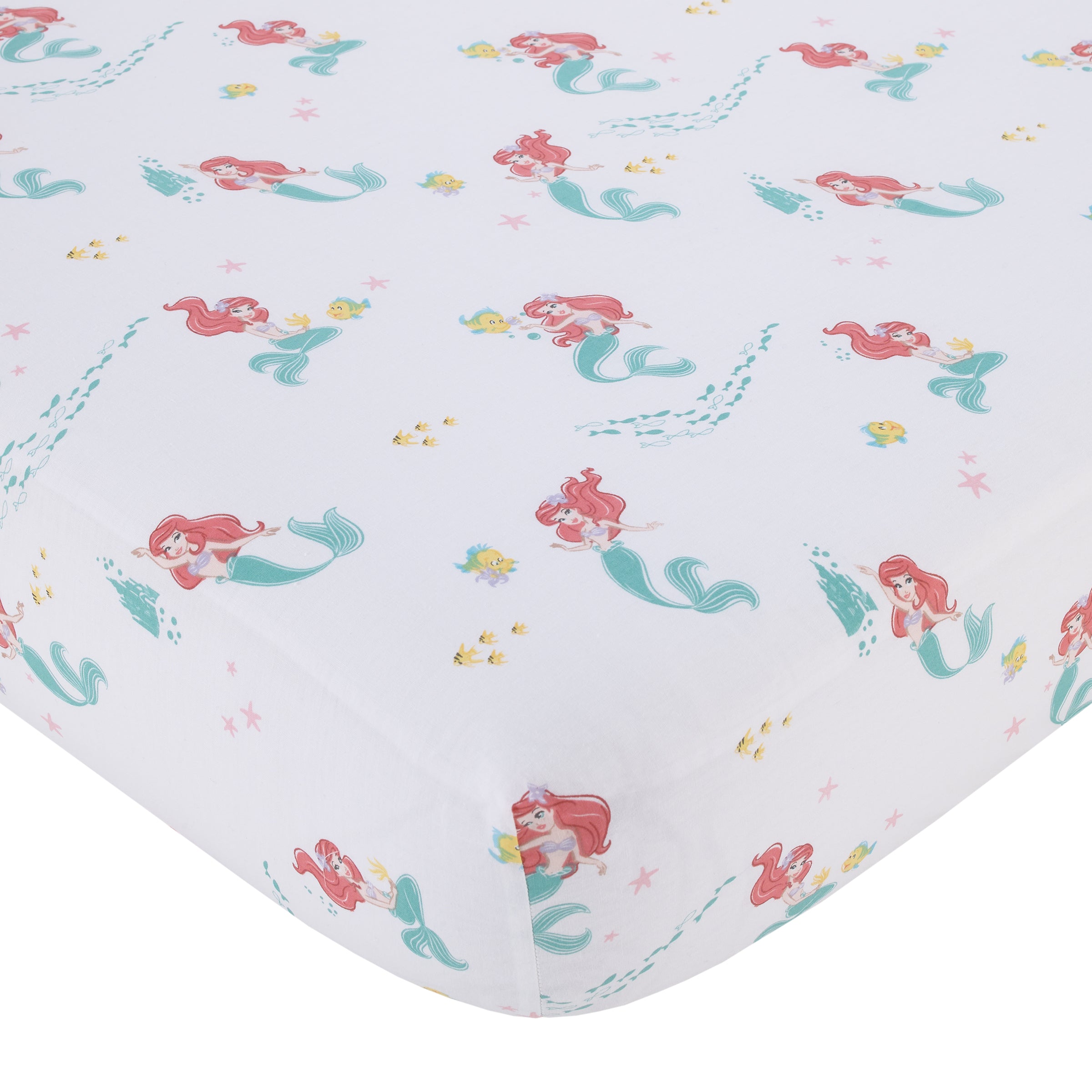 Disney Ariel Watercolor Wishes Aqua, Pink and White 3 Piece Nursery Crib Bedding Set - Comforter, 100% Cotton Fitted Crib Sheet and Crib Skirt