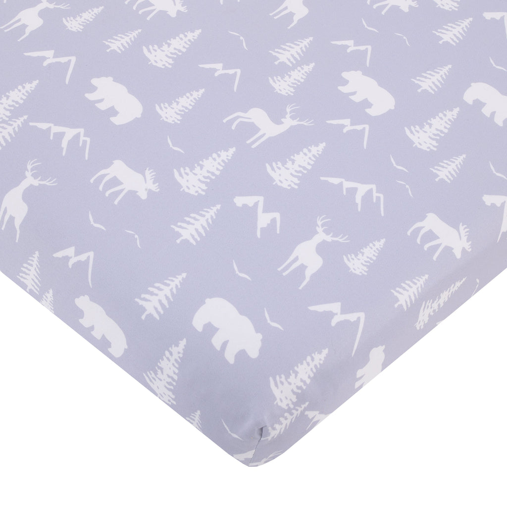 Little Love by NoJo National Park Navy Buffalo Check, Gray, Blue, and Brown Camping Bear, Deer, and Fox 3 Piece Mini Crib Bedding Set - Comforter, and Two Fitted Mini Crib Sheets