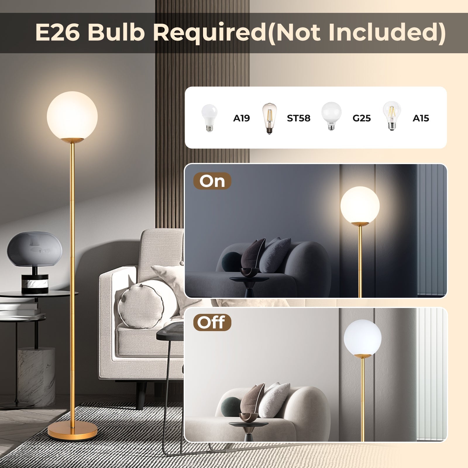 Glass Globe LED Floor Lamp with Glass Lampshade-Golden