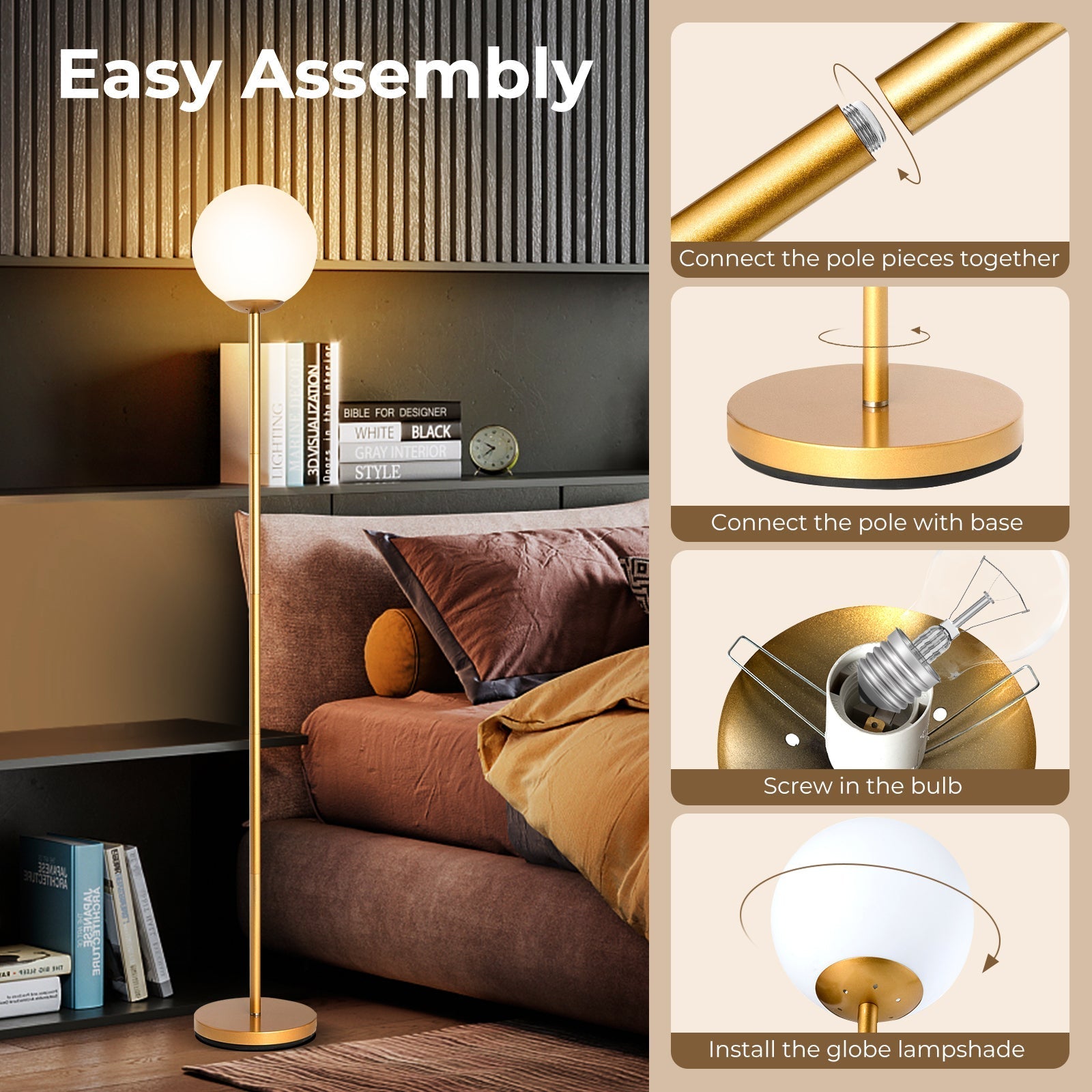 Glass Globe LED Floor Lamp with Glass Lampshade-Golden