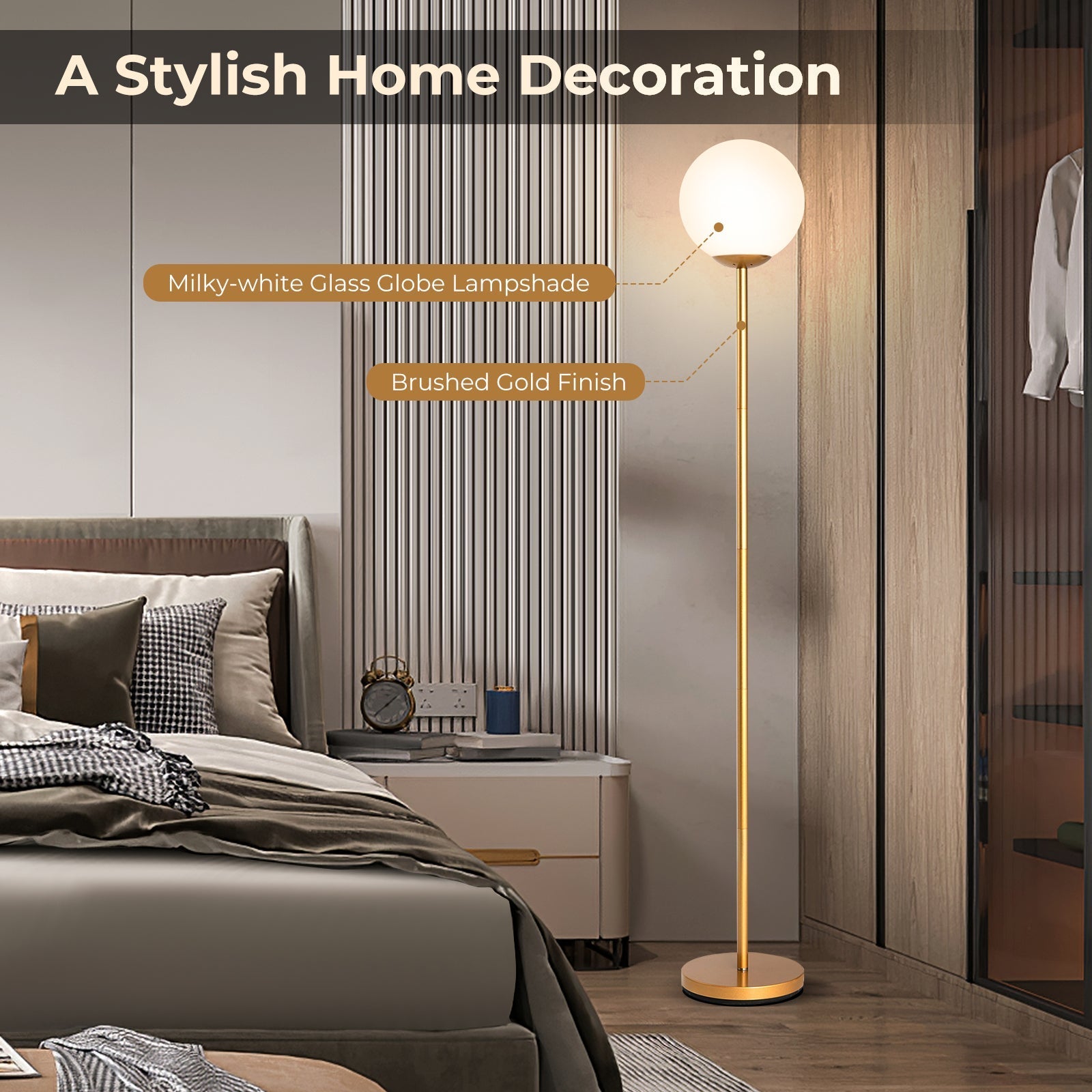 Glass Globe LED Floor Lamp with Glass Lampshade-Golden