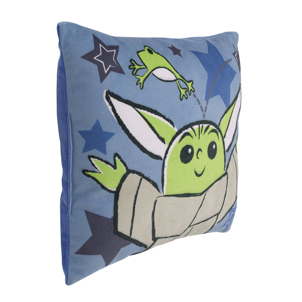 The Child Cutest in the Galaxy Blue, Green and Gray, Grogu, Sorgan Frog and Stars Super Soft Decorative Toddler Pillow