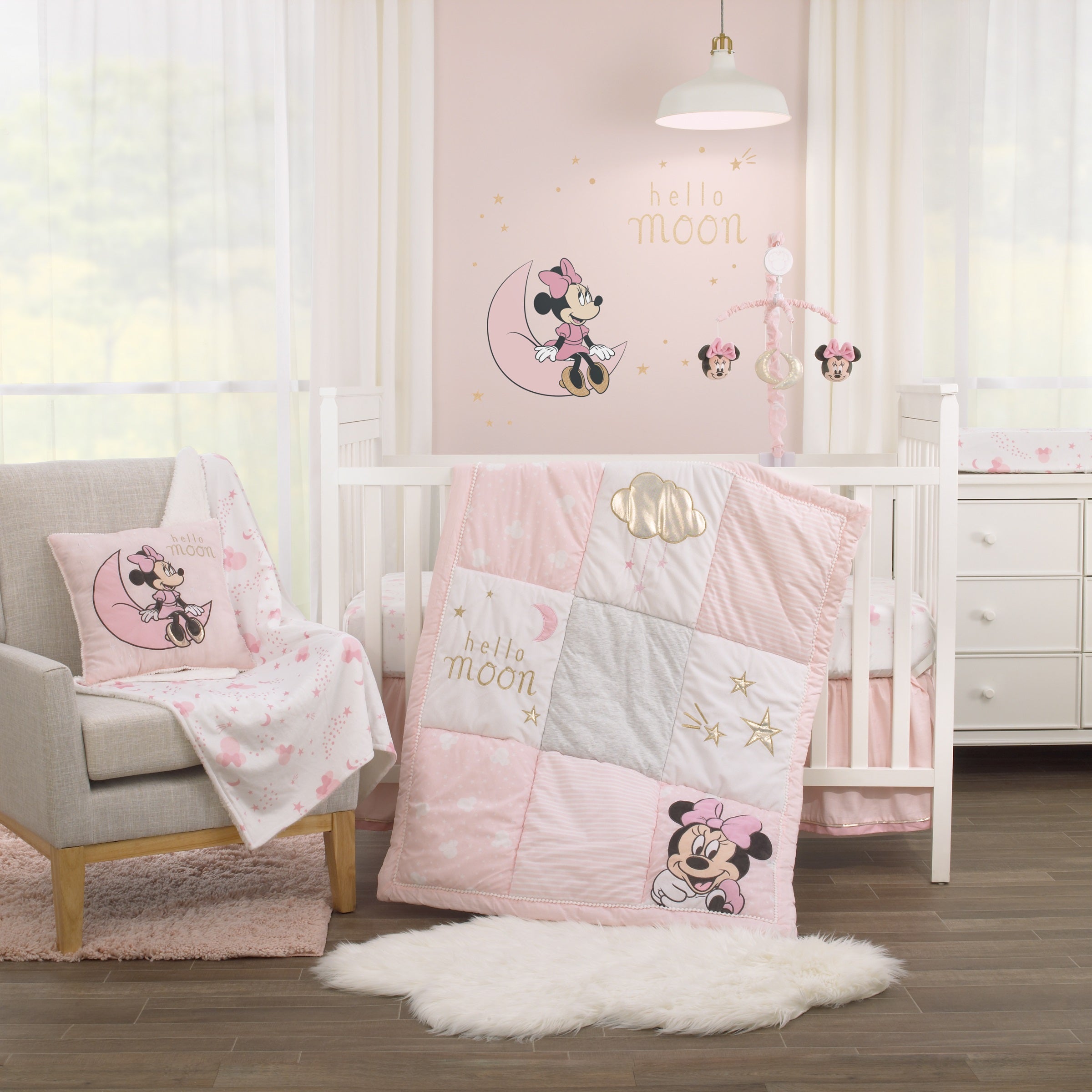 Minnie Mouse Twinkle Twinkle Minnie Pink, White and Metallic Gold 3 Piece Crib Bedding Set