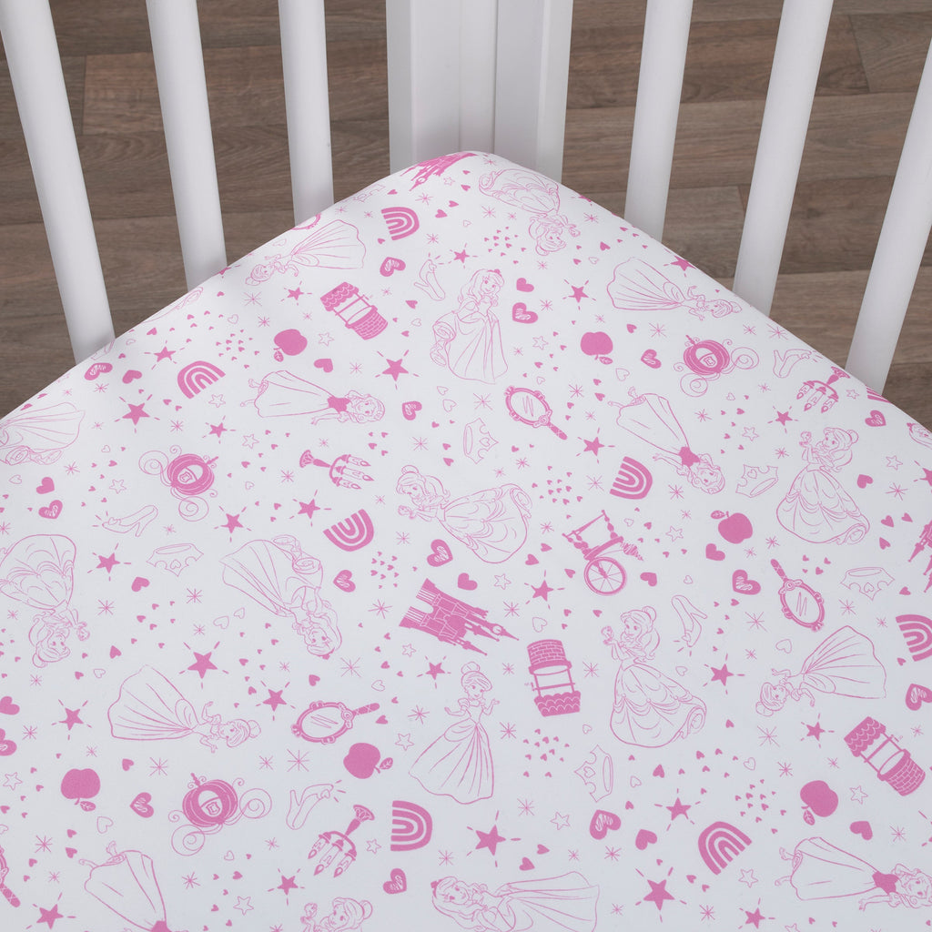 Princess - Dare to Dream White and Pink Castle, Hearts and Stars Fitted Crib Sheet