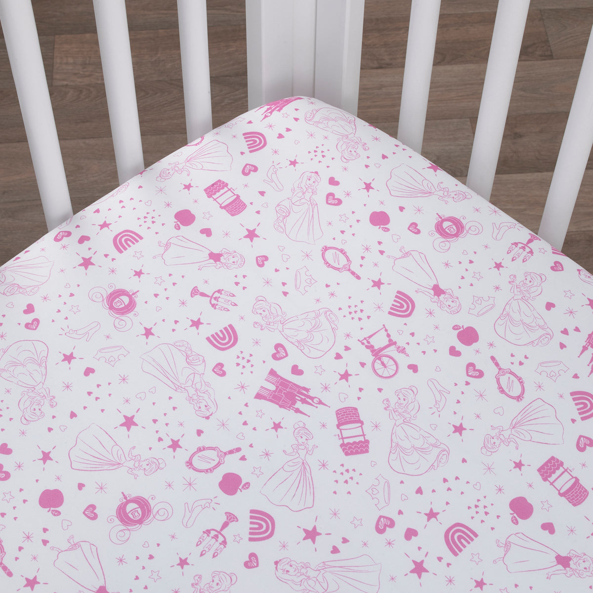 Princess - Dare to Dream White and Pink Castle, Hearts and Stars Fitted Crib Sheet