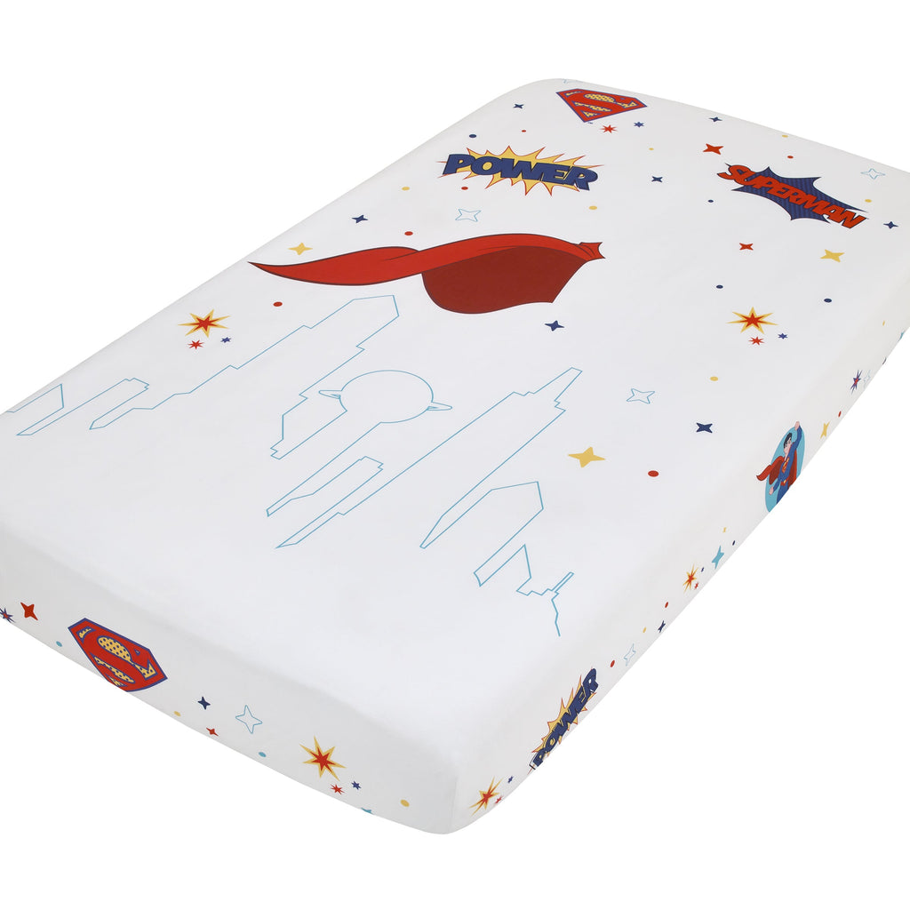 Superman White and Red Power, Icon, and Stars Photo Op Nursery Fitted Crib Sheet
