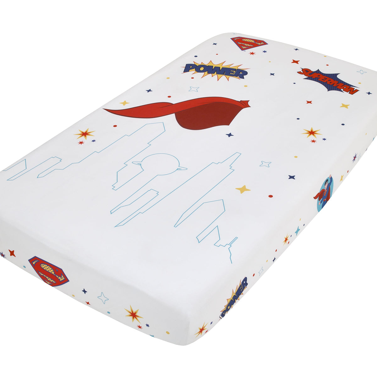 Superman White and Red Power, Icon, and Stars Photo Op Nursery Fitted Crib Sheet