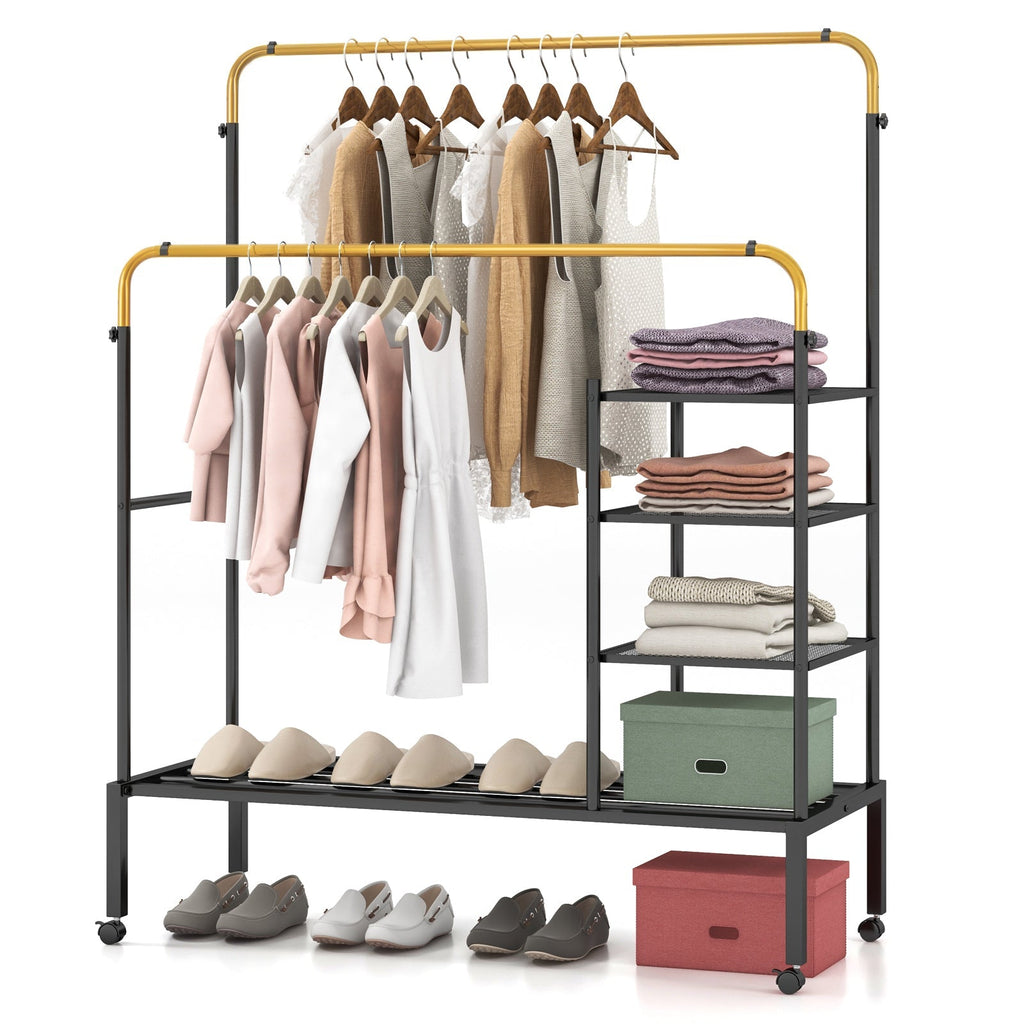 Rolling Double Rods Garment Rack with Height Adjustable Hanging Bars
