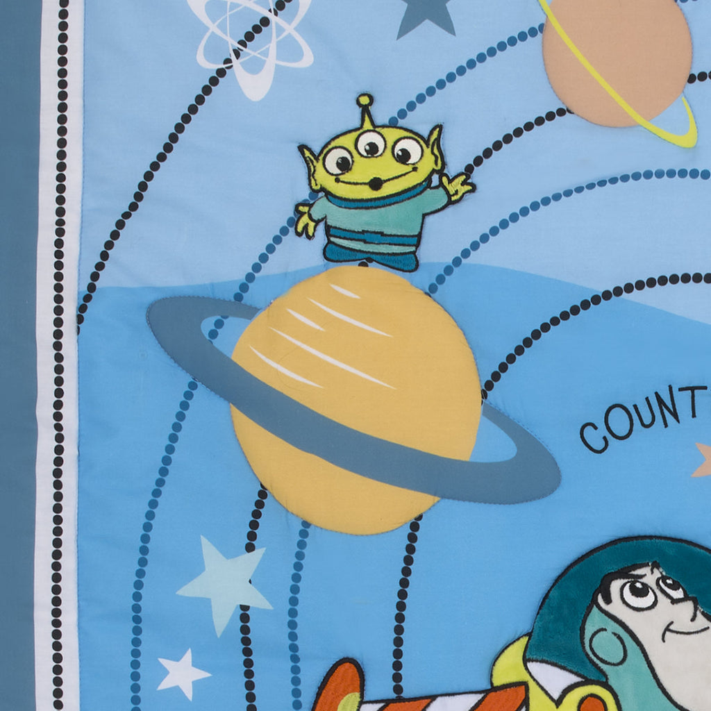 Toy Story Buzz Lightyear Blue, Orange, and Yellow Countdown to Blast-Off 3 Piece Nursery Crib Bedding Set - Comforter, 100% Cotton Fitted Crib Sheet and Crib Skirt