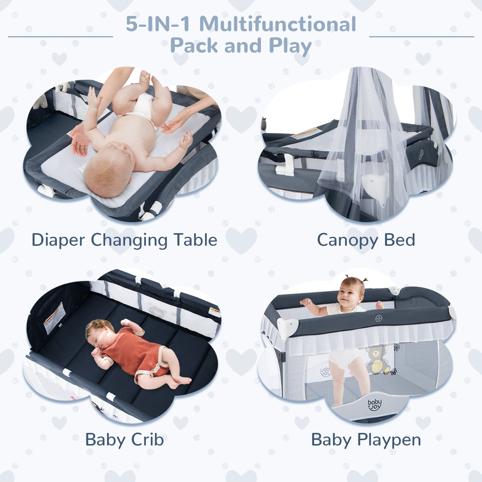 Convertible Bassinet with Removable Changing Table and Detachable Mesh Net