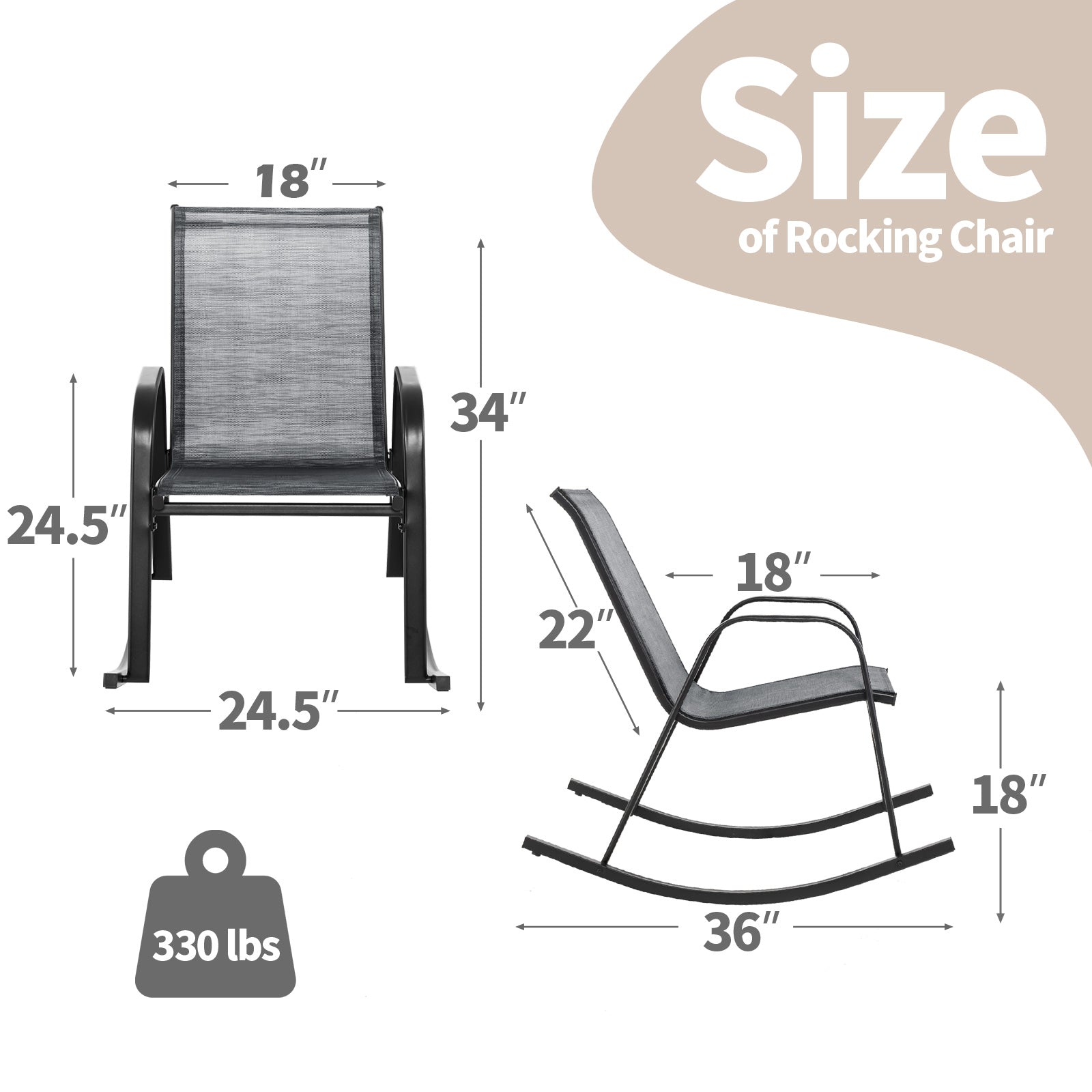 Set of 2 Metal Patio Rocking Chair with Breathable Seat Fabric