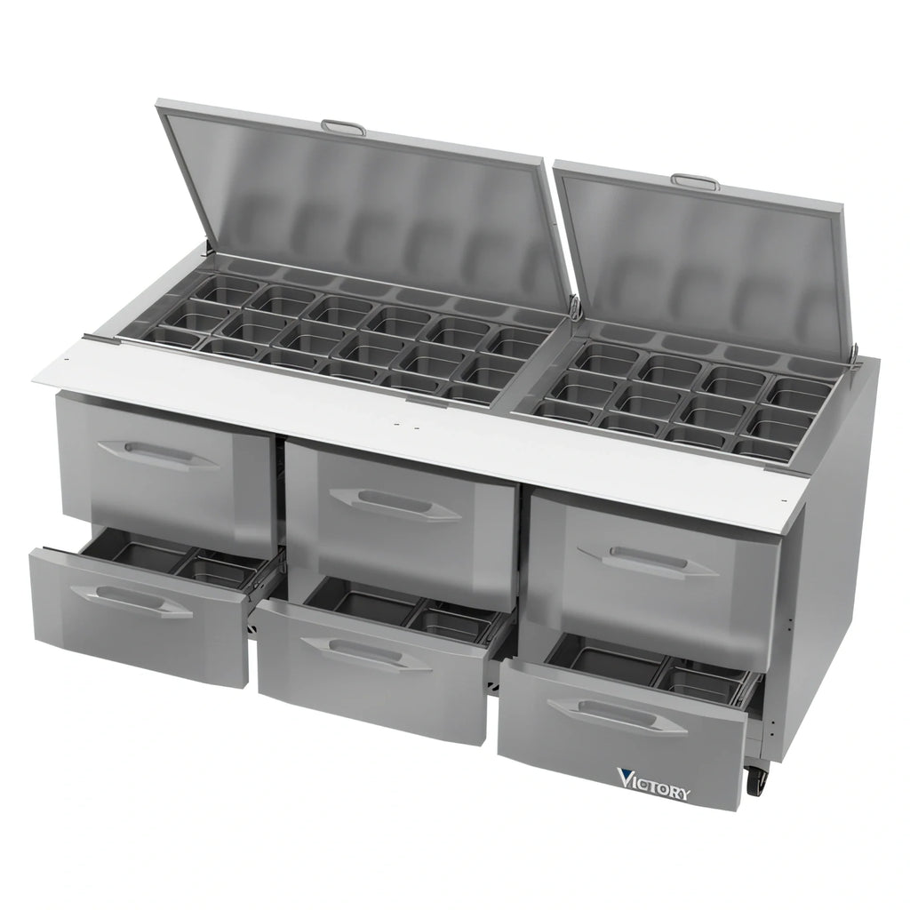 Victory Refrigeration UltraSpec™ VSPD72HC-30B-6 72-Inch Three-Section Sandwich Prep Table, 6 Drawers, 30-Pan Top, Self-Contained R290