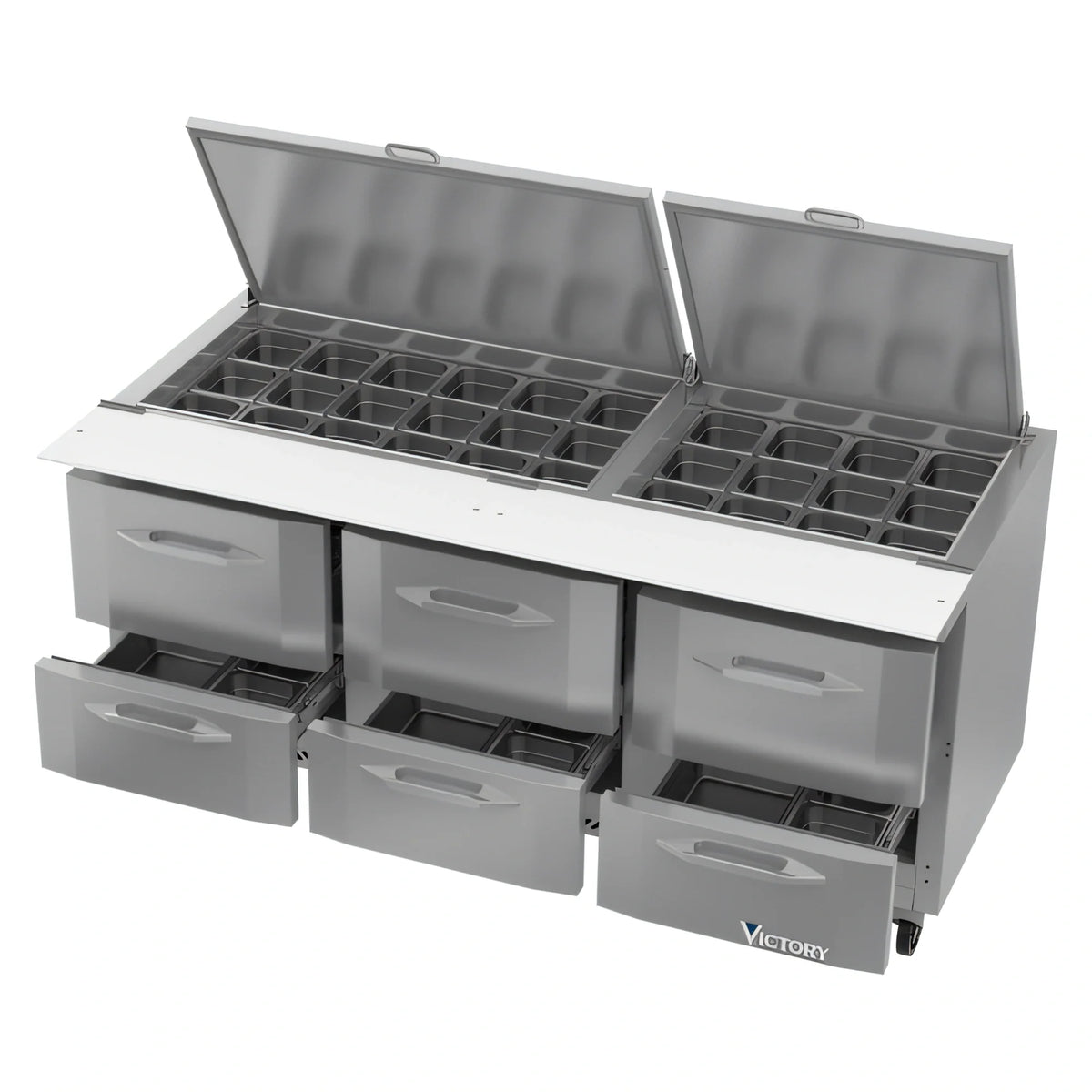 Victory Refrigeration UltraSpec™ VSPD72HC-30B-6 72-Inch Three-Section Sandwich Prep Table, 6 Drawers, 30-Pan Top, Self-Contained R290