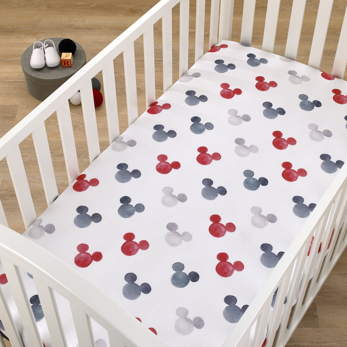 Mickey Mouse - Black, White, Gray and Red Watercolor Mickey Ears Nursery Fitted Crib Sheet